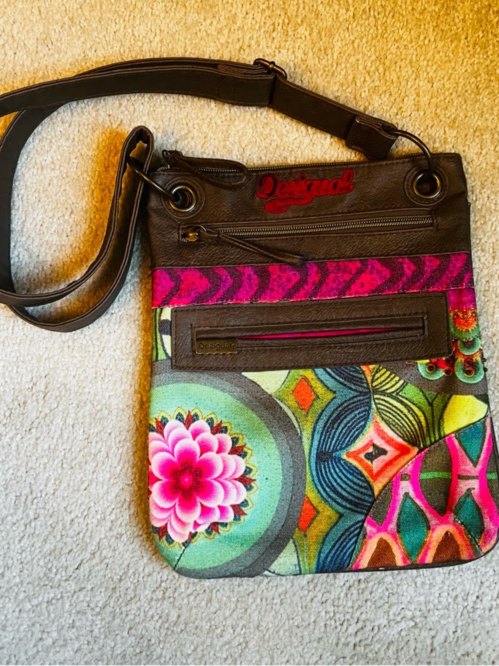 Desigual Multicolor Floral & Geometric Crossbody Bag with Brown Trim